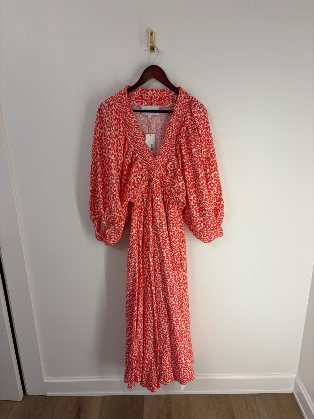 La Boheme Coral-Red Printed Maxi Dress with V-Neck and Puff Sleeves
